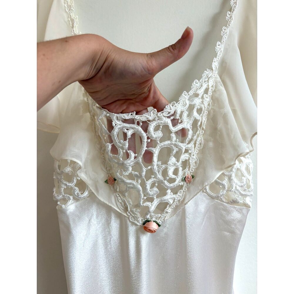 Vtg 80s Bridal Nightgown S Ivory Satin Lace Slip Dress Roses Paulines Trousseau - Picture 5 of 8